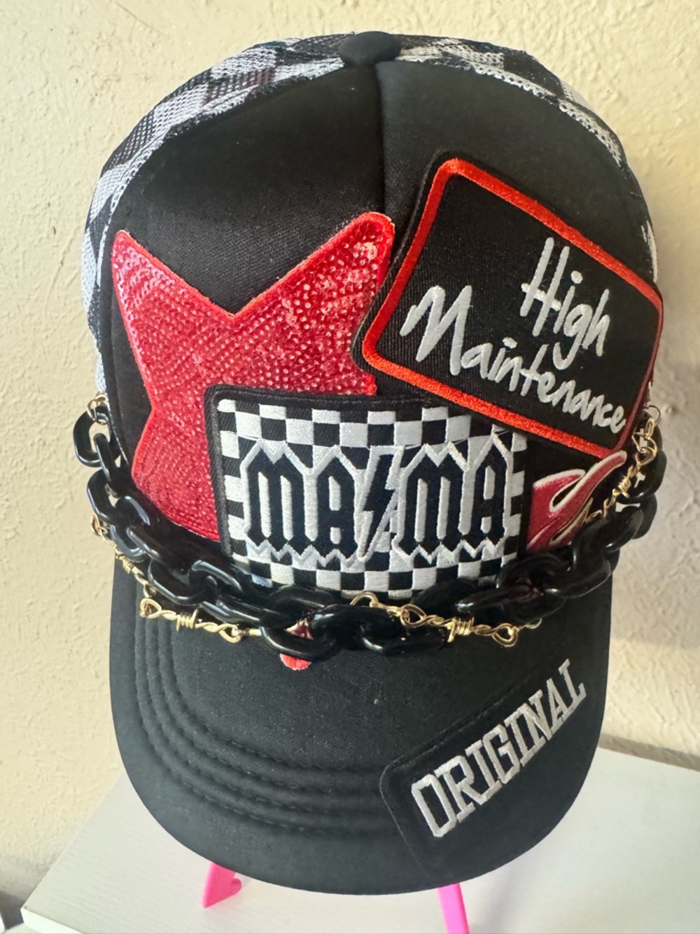 Black Hat with Red Patch Details and Chain Trim - Original